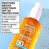 Garnier Ambre Solaire Spf50 Sensitive Advanced Hydrating Sun Water Хидратираща двуфазна слънцезащитна вода с висока защита за тяло, лице и коса с хиалуронова киселина 150ml