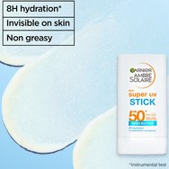 Garnier Ambre Solaire Spf50+ Super UV Invisible Stick Невидим хидратиращ слънцезащитен стик за лице с много висока защита и масло от ший 18g