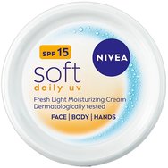 Nivea Soft Daily UV Spf15 Face, Body & Hand Cream 100ml - 48-часов хидратиращ крем за ръце, лице и тяло със средна защита Nivea Soft Daily UV Spf15 Face, Body & Hand Cream 100ml - 48-часов хидратиращ крем за ръце, лице и тяло със средна защита