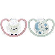 Nuk Space Night Silicone Soother 6-18m 2 бр - розово / Зелено - Светеща в тъмното ортодонтска силиконова залъгалка с дишащ дизайн