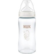 Nuk First Choice Plus Glass Bottle Temperature Control Silicone Medium 3m+, Γυάλινο Μπιμπερό με Θηλή Σιλικόνης Κατά των Κολικών & Δείκτη Ελέγχου Θερμοκρασίας από 3 Μηνών και Άνω 240ml - Seahorse Λευκό