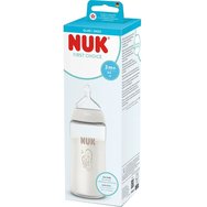 Nuk First Choice Plus Glass Bottle Temperature Control Silicone Medium 3m+, Γυάλινο Μπιμπερό με Θηλή Σιλικόνης Κατά των Κολικών & Δείκτη Ελέγχου Θερμοκρασίας από 3 Μηνών και Άνω 240ml - Seahorse Λευκό