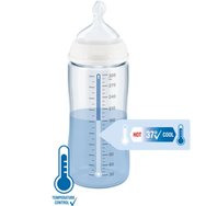 Nuk First Choice Plus Glass Bottle Temperature Control Silicone Medium 3m+, Γυάλινο Μπιμπερό με Θηλή Σιλικόνης Κατά των Κολικών & Δείκτη Ελέγχου Θερμοκρασίας από 3 Μηνών και Άνω 240ml - Seahorse Λευκό