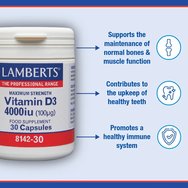 Lamberts Vitamin D3 4000iu Хранителна добавка с витамин D3 за доброто функциониране на костите, зъбите & имунната система 30caps Lamberts Vitamin D3 4000iu Хранителна добавка с витамин D3 за доброто функциониране на костите, зъбите & имунната система 30caps
