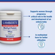 Lamberts Methyl Folate 400μg Хранителна добавка с фолиева киселина в метаболитно активна форма за правилното развитие на тъканите по време на бременност, енергийния метаболизъм & баланса на хомоцистеина 60tabs Lamberts Methyl Folate 400μg Хранителна добавка с фолиева киселина в метаболитно активна форма за правилното развитие на тъканите по време на бременност, енергийния метаболизъм & баланса на хомоцистеина 60tabs