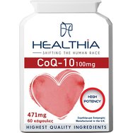 Healthia CoQ-10 High Potency 100mg 60caps - Хранителна добавка с високоефективен коензим Q10 и витамин B1 за производство на енергия, антиоксидантна защита и добро функциониране на сърцето и кръвоносната система