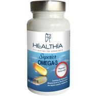 Healthia Superior Omega 3, 1380mg 60caps - Хранителна добавка с рибено масло, богата на омега 3 и витамин Е, за подпомагане на добрата функция на мозъка, зрението и сърцето