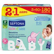 Septona Baby Calm n' Care Wipes Sensitive Меки бебешки кърпички за чувствителна кожа от 0 до 12 месеца 180 бр. (3x60 бр.)