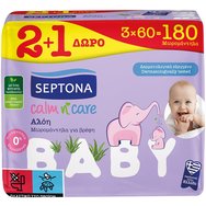 Septona Promo Baby Calm n' Care Aloe Baby Wipes 180 бр (3x60 бр) - Нежни бебешки кърпички с алое за ежедневна грижа и хидратирана кожа