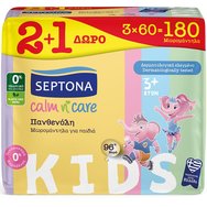 Septona Promo Calm n' Care Kids Panthenol Baby Wipes 180 бр (3x60 бр) - Меки бебешки кърпички с пантенол и 0% пластмаса, за деца над 3 години
