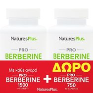 Natures Plus Promo Pro Berberine 1500mg, 60tabs & Подарък Berberine 750mg 60caps - Билкова хранителна добавка с берберин за здравословни нива на кръвния захар, подпомага сърдечно-съдовата система и метаболизма на мазнините
