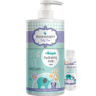 Pharmasept Promo Baby Care Mild Bath 3m+ 1L & Подарък Hydrating Milk for Body & Face, Sensitive Skin 40ml - Бебешки душ гел за тяло и коса без алкали или сапун с неутрално pH и бебешки хидратиращ лосион за тяло и лице за чувствителна кожа