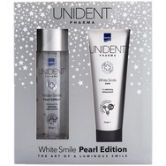 Intermed Promo Unident Pharma White Smile Pearl Edition Whitening Mouthwash 100ml & White Smile Care Toothpaste 75ml - Вода за уста, която подобрява естествената белота, защитава емайла и придава свеж дъх, и паста за зъби с флуорид за подобряване на белотата на зъбите.