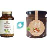 Bio Tonics Комплект Tribulus Extract 60veg.caps & Wish Hazelnut Paste & Cocoa Spread 220g - Хранителна добавка с екстракт от органичен трибулус за подобряване на сексуалната функция, подобряване на плодовитостта и енергията и лешников пралин без добавена захар, с какао и подсладители.