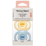 Tommee Tippee Ultrta Light Stay Put Orthodontic Silicone Soother 0-6m+, 2 бр - Жълто / светло синя Tommee Tippee Ultrta Light Stay Put Orthodontic Silicone Soother 0-6m+, 2 бр - Жълто / светло синя