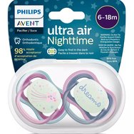 Philips Avent Ultra Air Nighttime Silicone Soother 6-18m Синьо - лилаво 2 части, код SCF376/07