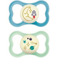 Mam Air Night Silicone Soother 16m+ Код 277SBc, 2 бр - Синьо / светло синя - Ортодонтска силиконова залъгалка с увеличен въздушен поток, която свети в тъмното
