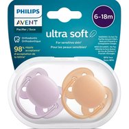 Philips Avent Ultra Soft Silicone Soother 6-18m Оранжево - лилаво 2 бр., Код SCF091/34