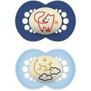 Mam Original Night Orthodontic Silicone Soother 6 - 16m Код 160SBc, 2 бр - Синьо / светло синя - Ортодонтска силиконова залъгалка, която свети в тъмното