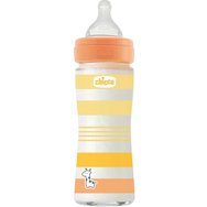 Chicco Well-Being Unisex Стъклена бебешка бутилка със зърно с бавен поток 0m+ оранжево - жълто 240ml