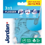 Jordan Promo 3 in 1 Flosser 50 бр - Конец за зъби с дръжка за почистване между зъбите и почистващ препарат за език в светло син цвят Jordan Promo 3 in 1 Flosser 50 бр - Конец за зъби с дръжка за почистване между зъбите и почистващ препарат за език в светло син цвят