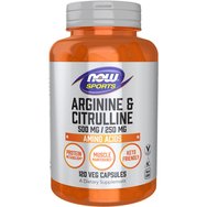 Now Foods Sports Arginine 500mg & Citrulline 250mg 120veg.caps - Хранителна добавка с аминокиселините аргинин & цитрулин за метаболизма на протеините & поддържане на мускулната тъкан Now Foods Sports Arginine 500mg & Citrulline 250mg 120veg.caps - Хранителна добавка с аминокиселините аргинин & цитрулин за метаболизма на протеините & поддържане на мускулната тъкан