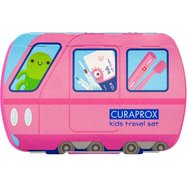 Curaprox Kids Oral Hygiene Travel Set 1 бр - розово - Комплект за пътуване с грижа за устната кухина за деца от 6 до 12 години с паста за зъби с вкус на диня, екстра мека четка за зъби от влакна, междузъбна четка и калъф