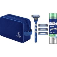 Gillette Promo Champions League Mach 3, 1 дръжка & 4 пълнителя & Series Sensitive гел за бръснене 200 мл & несесер 1 брой - Мъжка самобръсначка с 3 остриета за гладко бръснене и гел за бръснене за чувствителна кожа с алое и несесер