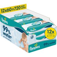 Pampers 99% Water Baby Wipes Бебешки кърпички с 99% вода и мек лосион за ефективно почистване и защита на чувствителна кожа с капак 720 броя (12x60 броя)