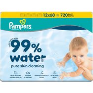 Pampers 99% Water Baby Wipes Бебешки кърпички с 99% вода и мек лосион за ефективно почистване и защита на чувствителна кожа с капак 720 броя (12x60 броя)
