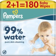 Pampers 99% Water Baby Wipes Бебешки кърпички с 99% вода и мек лосион за ефективно почистване и защита на чувствителна кожа с капак 180 броя (3x60 броя)