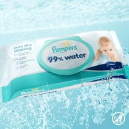 Pampers 99% Water Baby Wipes Бебешки кърпички с 99% вода и мек лосион за ефективно почистване и защита на чувствителна кожа с капак 180 броя (3x60 броя)