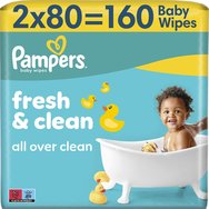 Pampers Fresh & Clean Wet Wipes Бебешки кърпички за нежно ежедневно почистване, подходящи за ръце и лице, 160 броя (2x80 броя)
