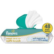 Pampers Aqua Soft Touch Baby Wipes Меки бебешки кърпички с релефна текстура за ефективно почистване и защита на чувствителна кожа с капак 48 броя