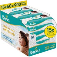 Pampers Aqua Soft Touch Baby Wipes Меки бебешки кърпички с релефна текстура за ефективно почистване и защита на чувствителна кожа с капак 900 бр (15x60 бр)