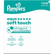 Pampers Aqua Soft Touch Baby Wipes Меки бебешки кърпички с релефна текстура за ефективно почистване и защита на чувствителна кожа с капак 900 бр (15x60 бр)