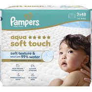 Pampers Aqua Soft Touch Baby Wipes Меки бебешки кърпички с релефна текстура за ефективно почистване и защита на чувствителна кожа с капак 144 броя (3x48 броя)