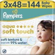 Pampers Aqua Soft Touch Baby Wipes Меки бебешки кърпички с релефна текстура за ефективно почистване и защита на чувствителна кожа с капак 144 броя (3x48 броя)