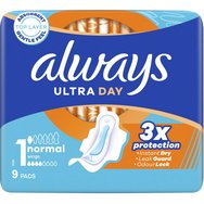 Always Ultra Normal Sanitary Towels with Wings Size 1, 9 бр - Пълноразмерни подложки с крила за незабавна абсорбция и неутрализиране на миризмата