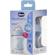 Chicco Natural Feeling Plastic Bottle 0m+ 150ml Пластмасова бебешка бутилка със система против колики & силиконов биберон с бавен поток, 1 брой - Син Chicco Natural Feeling Plastic Bottle 0m+ 150ml Пластмасова бебешка бутилка със система против колики & силиконов биберон с бавен поток, 1 брой - Син