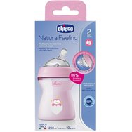 Chicco Natural Feeling Plastic Bottle 2m+ 250ml Пластмасово шише за хранене със система против колики & силиконов биберон с бавен поток, 1 брой - розово Chicco Natural Feeling Plastic Bottle 2m+ 250ml Пластмасово шише за хранене със система против колики & силиконов биберон с бавен поток, 1 брой - розово
