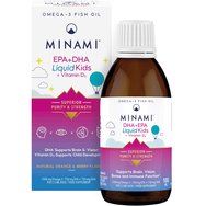 Minami EPA + DHA Liquid Kids + Vitamin D3 100ml - Хранителна добавка, богата на Ω3 мастни киселини с висока чистота и концентрация с витамин D3 за гладък мозък и зрение, подсилване на имунитета и добро здраве на костите и зъбите за деца над 3 години с вкус на горски плодове и портокал Minami EPA + DHA Liquid Kids + Vitamin D3 100ml - Хранителна добавка, богата на Ω3 мастни киселини с висока чистота и концентрация с витамин D3 за гладък мозък и зрение, подсилване на имунитета и добро здраве на костите и зъбите за деца над 3 години с вкус на горски плодове и портокал