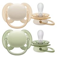 Philips Avent Ultra Soft Silicone Soother 0-6m Ортодонтска силиконова залъгалка с мек и гъвкав предпазител за по-малко раздразнения на кожата 2 броя, Код SCF091/05 - Бежово - Тъмнозелено