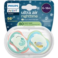 Philips Avent Ultra Air Nighttime Silicone Soother 6-18m Κωδ SCF376/28, 2 Τεμάχια Πράσινο - Γαλάζιο