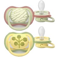 Philips Avent Ultra Colors of Nature Silicone Soother Ultra Soft 18m+ Код SCF349/51, 2 бр - Зелено / Жълто - Ортодонтска силиконова залъгалка с големи отвори, която позволява на кожата на бебето да диша