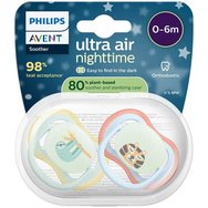 Philips Avent Ultra Air Nighttime Silicone Soother 0-6m Κωδ SCF376/24, 2 Τεμάχια Λαχανί / Γαλάζιο