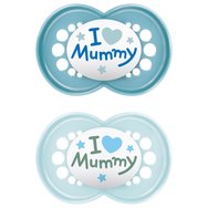 Mam Original Ι Love Mummy Silicone Soother 6-16m 2 бр, Код 170SB2c - светло синя / Синьо - Ортодонтска залъгалка със силиконова биберонка, удобна за бебешката кожа с практичен калъф за носене Mam Original Ι Love Mummy Silicone Soother 6-16m 2 бр, Код 170SB2c - светло синя / Синьо - Ортодонтска залъгалка със силиконова биберонка, удобна за бебешката кожа с практичен калъф за носене