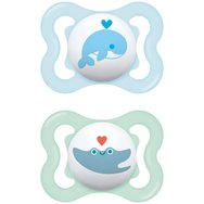 Mam Air Silicone Soother 2-6m Код 120SBc, 2 бр - светло синя / Зелено - Ортодонтска силиконова залъгалка, която позволява по-добра циркулация на въздуха Mam Air Silicone Soother 2-6m Код 120SBc, 2 бр - светло синя / Зелено - Ортодонтска силиконова залъгалка, която позволява по-добра циркулация на въздуха