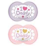 Mam Orthodontic Silicone Soother 16m+ I love Mummy & Daddy 2 части, код 265SG2 - лилаво / розово - Ортодонтска силиконова залъгалка за отпускане и облекчение
