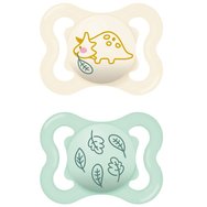 Mam Supreme Silicone Soother 2-6m+, 2 бр, Код 145SUc - Бежово / Светло зелено - Ортодонтска силиконова залъгалка с големи вентилационни отвори и калъф за носене